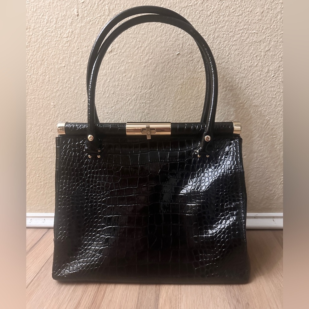 Kate Spade Chocolate Brown Crocodile-Embossed Structured Patent Leather Tote
